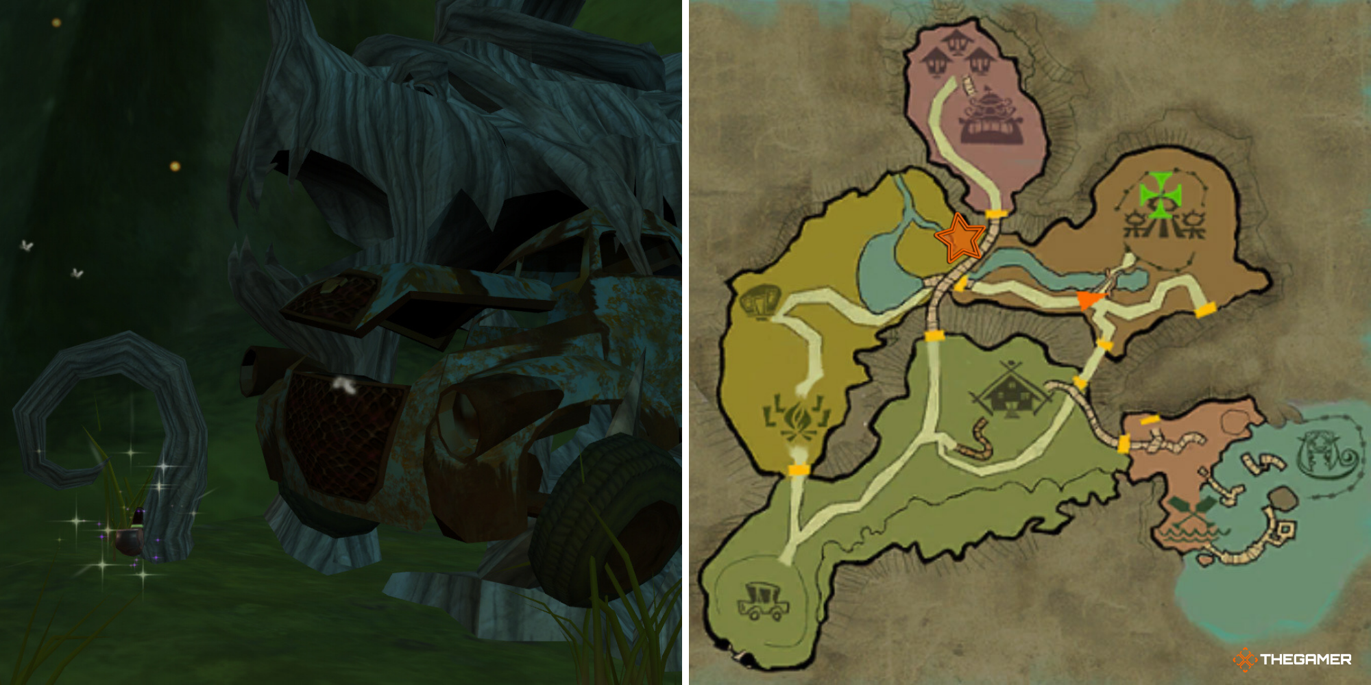 Расположение трубы Psychonauts Cherry Wood в игре слева, на карте справа (1)