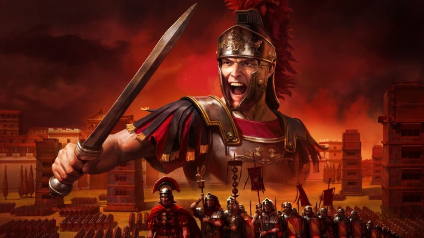 Hiji tentara prajurit Romawi dina latar beureum