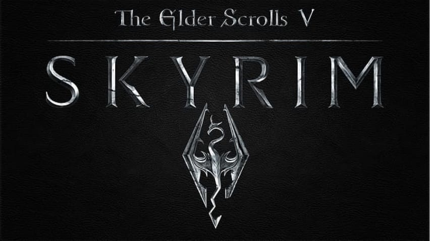Skyrim's main title and symbol on a black background