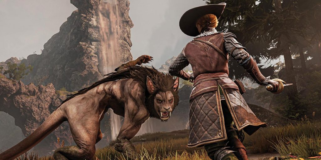 Greedfall Character Fighting Creature Near Waterfall