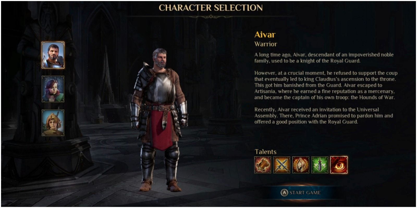 Schermata di selezione del personaggio di Kings Bounty 2 Aivar Il Guerriero
