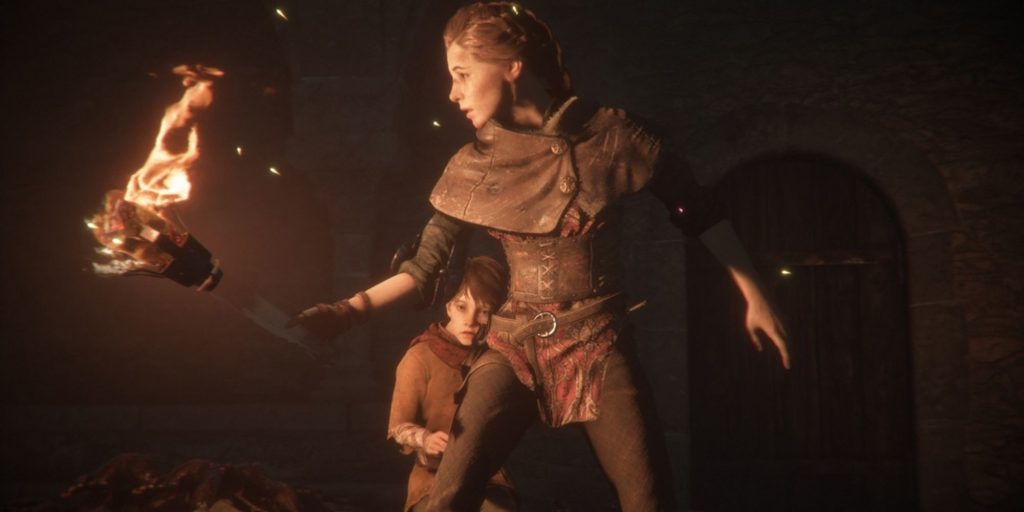 Plague Tale Amicia Guarding Hugo With A Torch