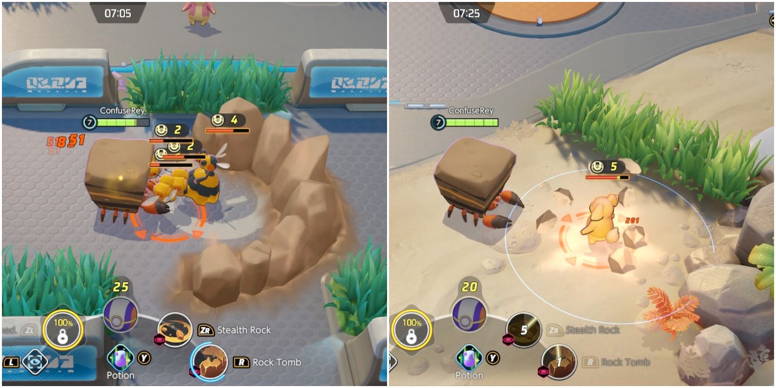 Pokemon Unite Crustle usando Stealth Rocks e Rock Tomb