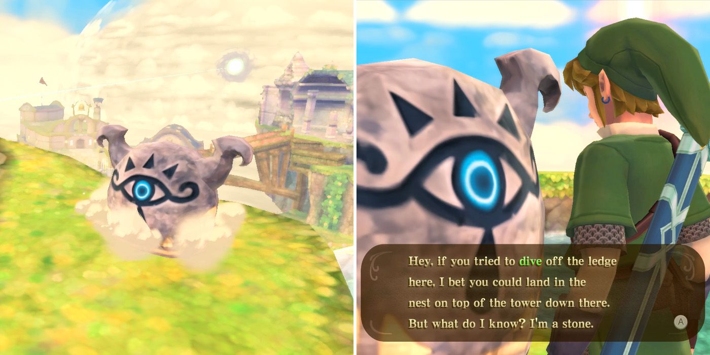 Събуждане на Gossip Stone по време на страничното търсене на Missing Baby Rattle в The Legend of Zelda: Skyward Sword HD