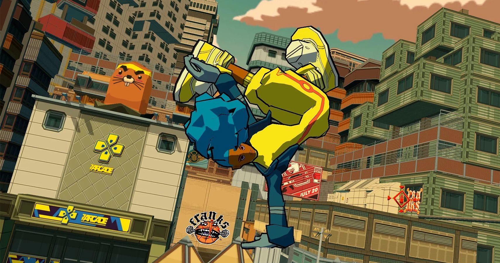 bomb-rush-cyberfunk-promo-image-of-person-in-yellow-jumpsuit-doing-a-handplant-7243194