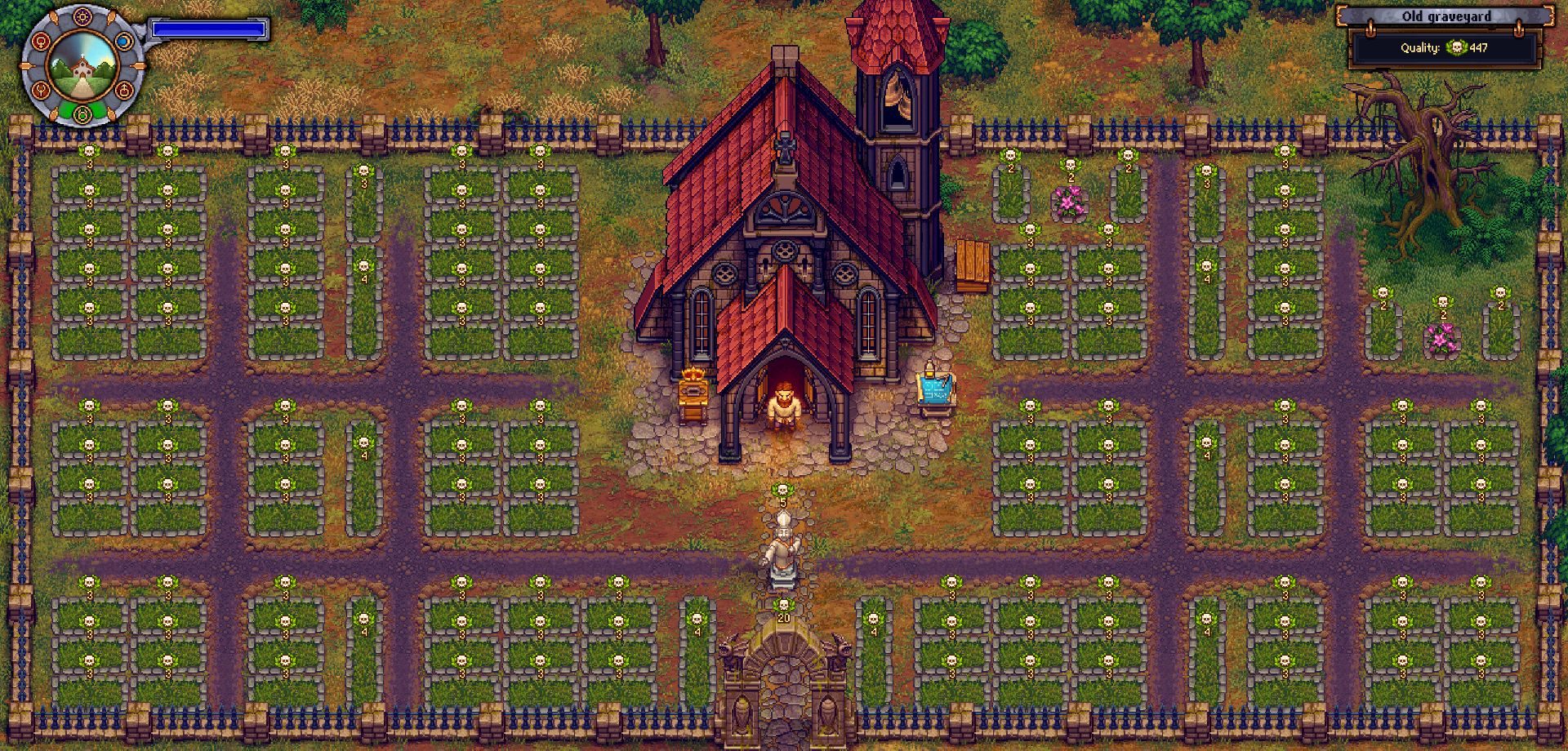 graveyard-keeper-gameplay-player-in-front-of-chapel-3674875