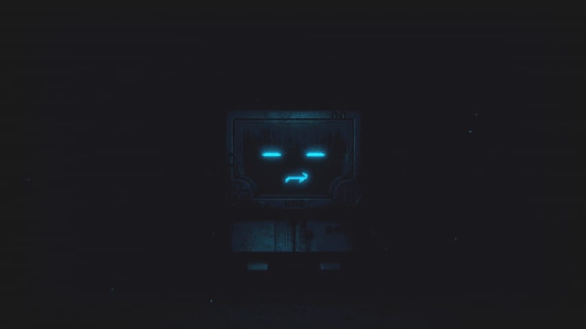 The glowing face of a robot in a dark factory