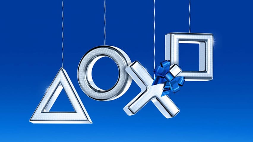 Τα εικονικά κουμπιά PlayStation με μια κορδέλα συσκευασίας δώρου γύρω από το X