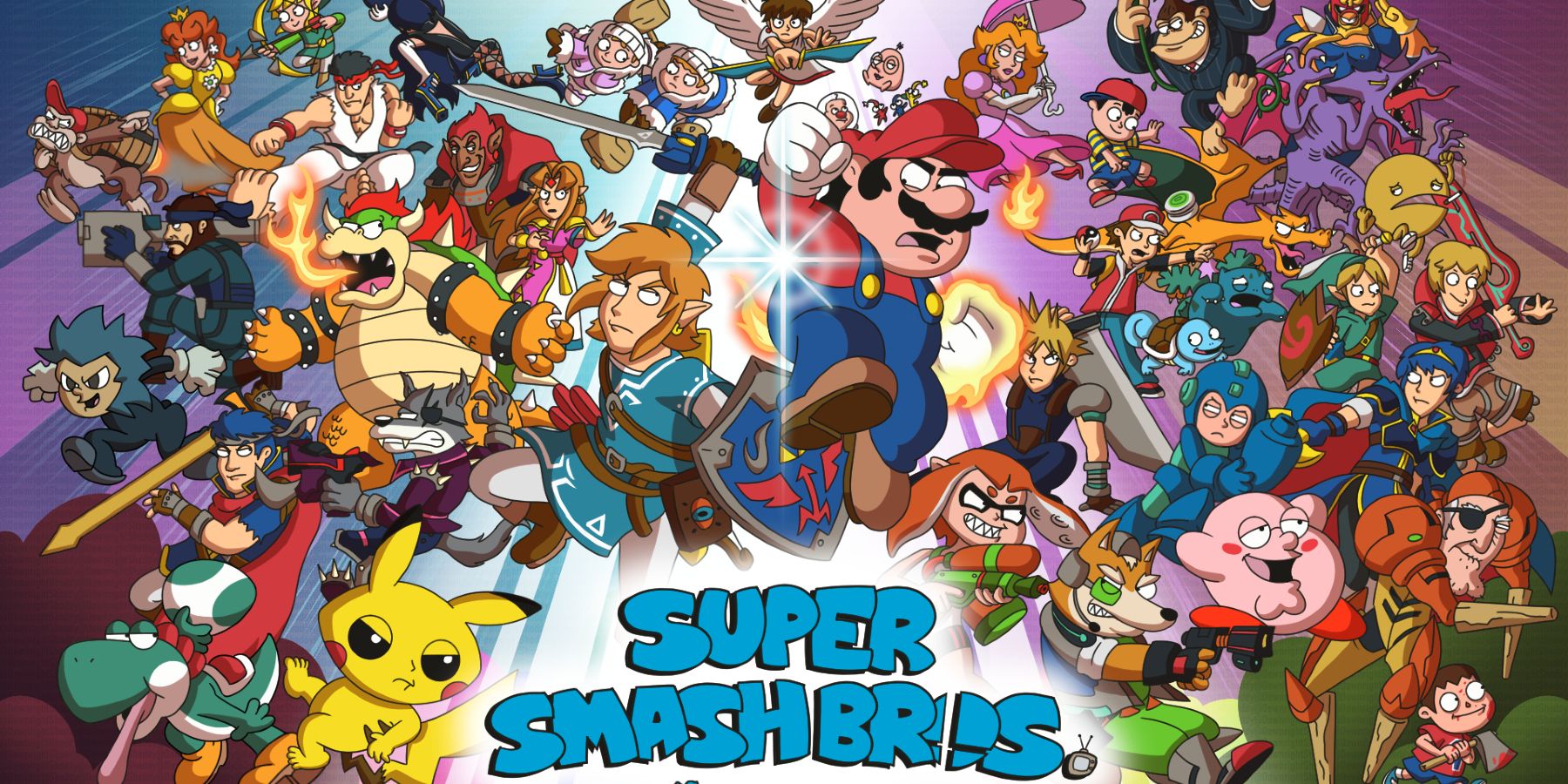 Super Smash Bros Ultimate ፖስተር ሮስተር ገፀ-ባህሪያት ተዋጊዎች የቤተሰብ ጋይ አርት ዘይቤ 1