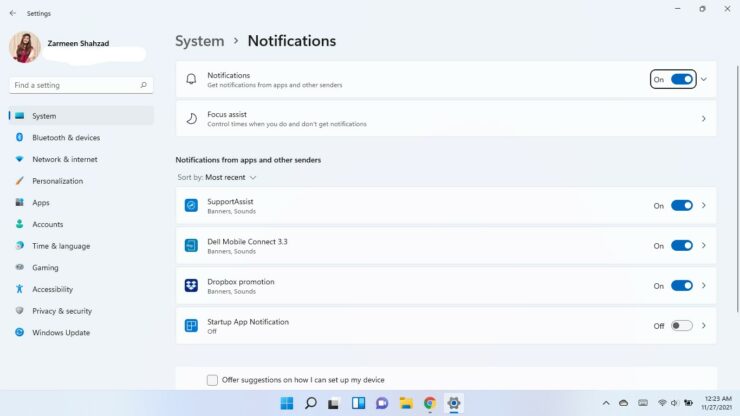 Disable System Notifications Windows 11