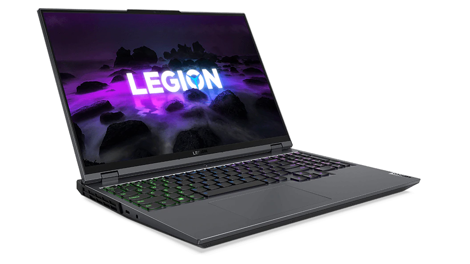 Lenovo Legion 5 Pro på hvit bakgrunn. Den bærbare datamaskinen er åpen, og det er en fargerik bakgrunn på skjermen med Legion-logoen og det som ser ut som svarte steiner rundt den.