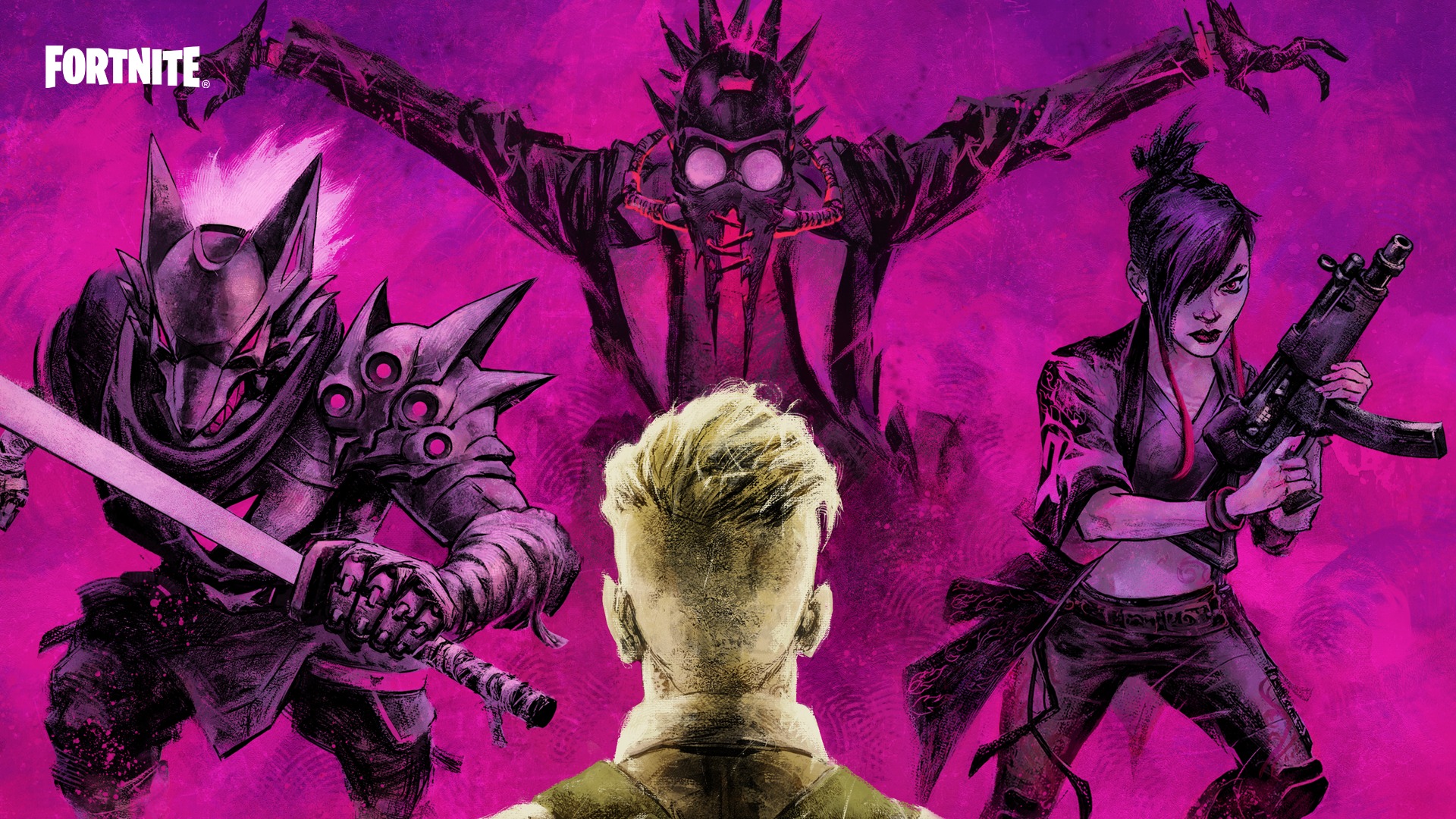 The back of Midas' head looking at three looming figures: a knight in wolf-like armor, a person in a gasmask with a trenchcoat and red tie, and a person wielding an SMG in cyberpunk-style clothing