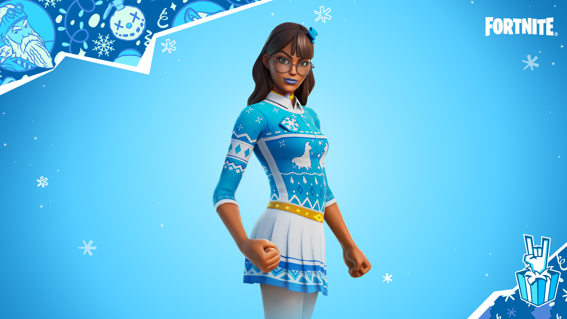 A pele Blizabelle - um personagem Fortnite vestindo um suéter azul de Natal decorado com lhamas e uma saia branca com detalhes em azul