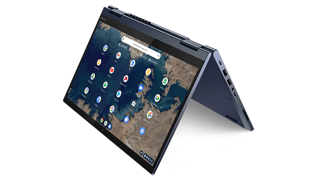 Lenovo ThinkPad C13 Yoga Chromebook in tent mode at an angle against a white background