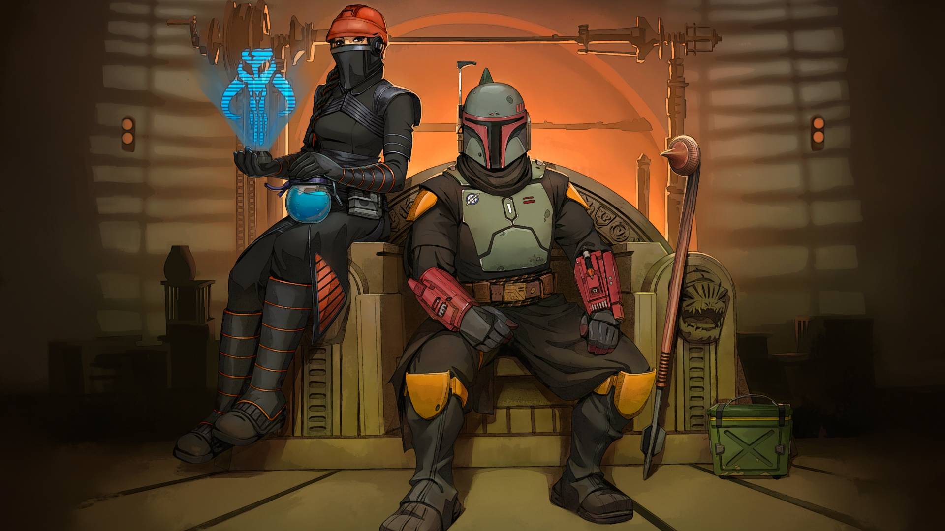 Boba Fett sidder på sin trone ved siden af ​​en ammunitionskasse fra Fortnite og hans allierede Fennec Shand