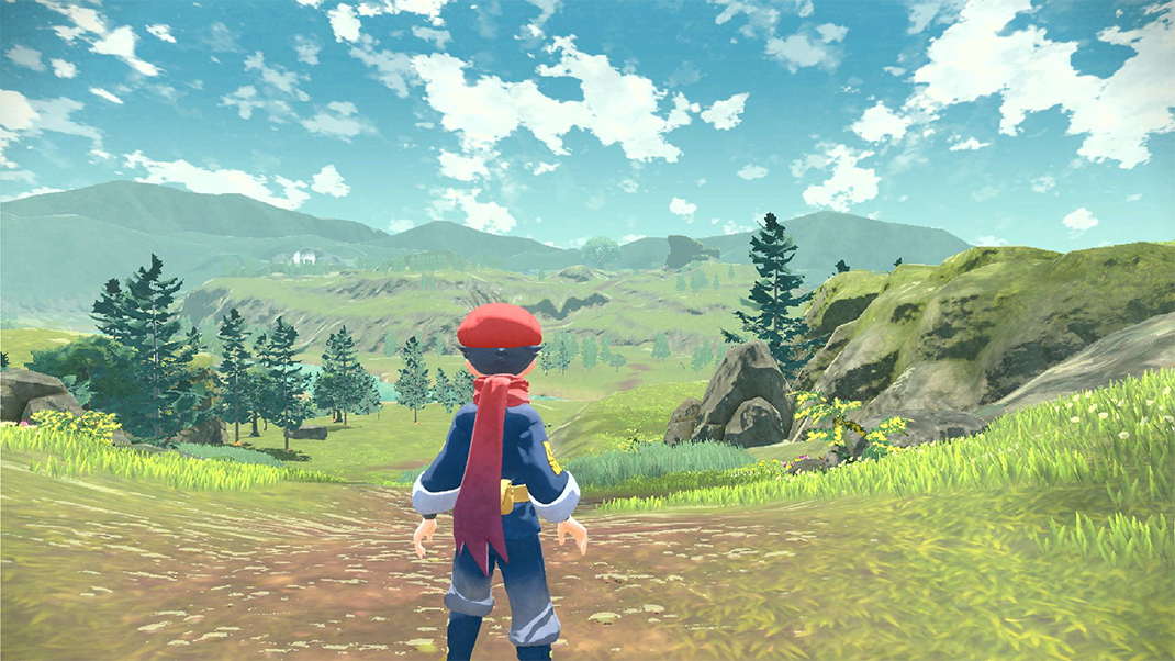 Legendele Pokémon Arceus: un antrenor se uită la un peisaj vast