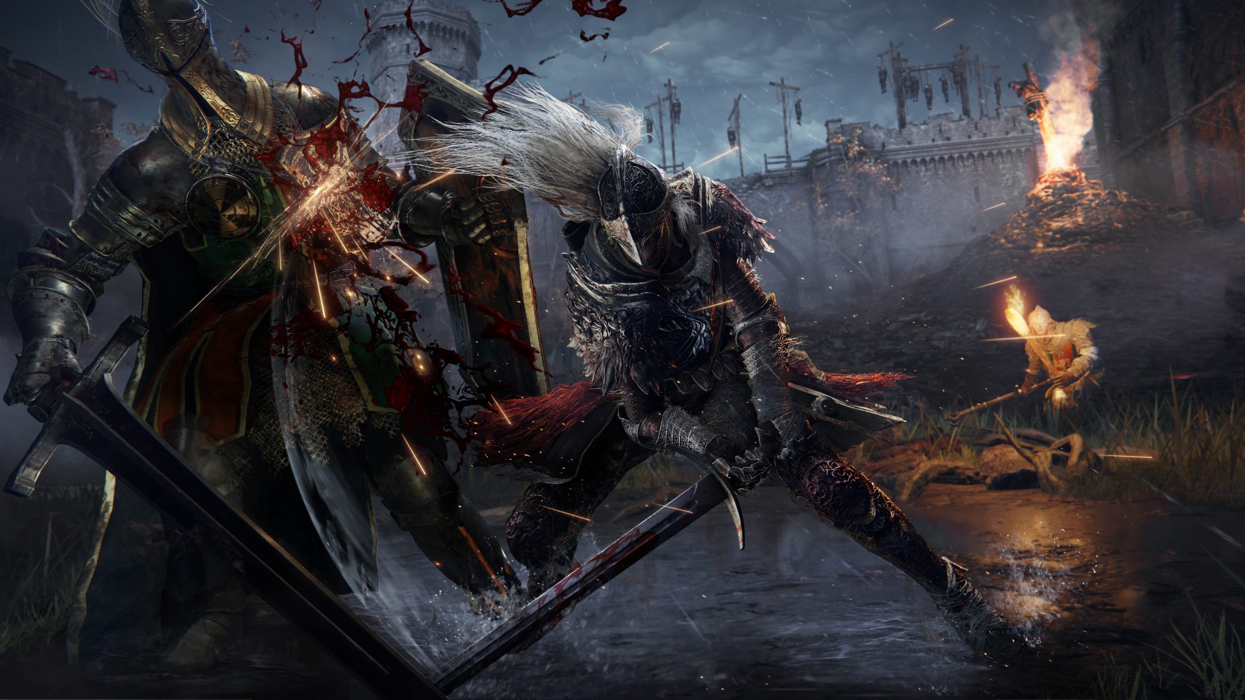 A still from the Elden Ring game showing two armored combatants, one striking the other with a sword