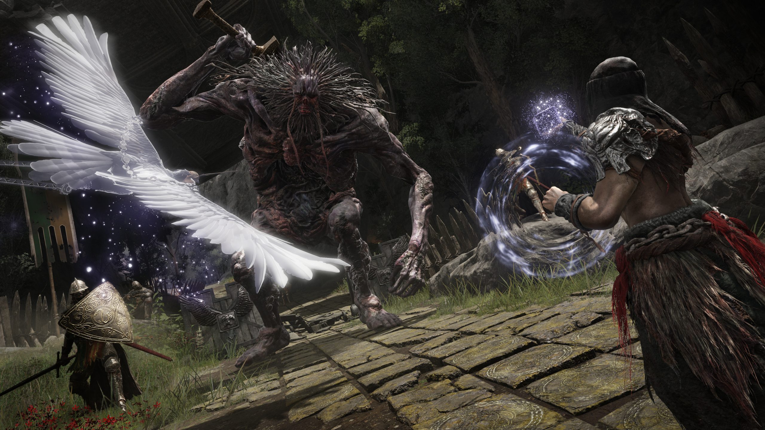 A still from the Elden Ring game showing a figure casting a spell at a large creature in combat