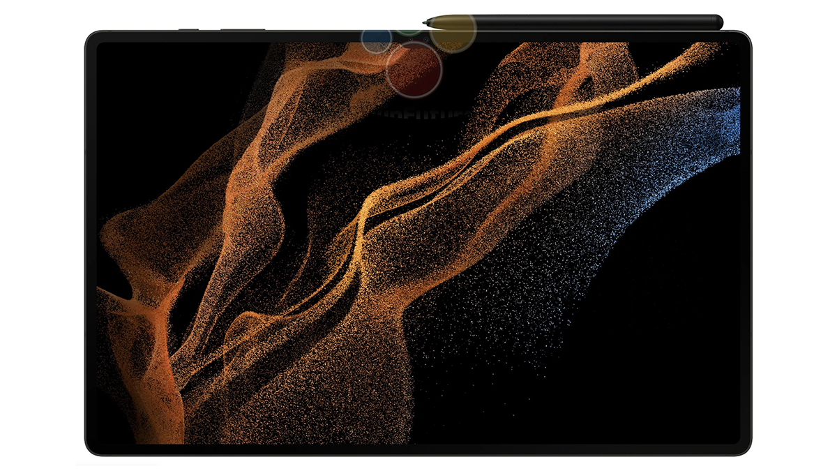 Durchgesickertes Bild des Samsung Galaxy Tab S8 nach vorne gerichtet mit dem S Pen oben.