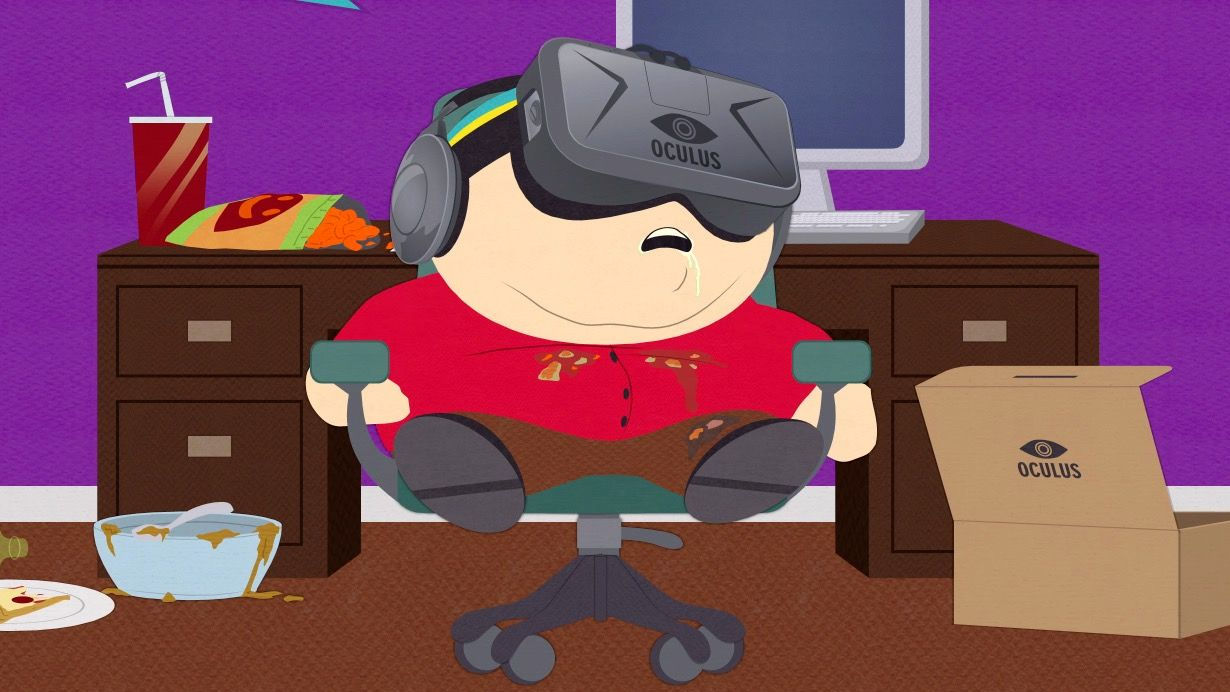 Cartman daga Kudancin Park zaune a kujera tare da Oculus Quest a kunne