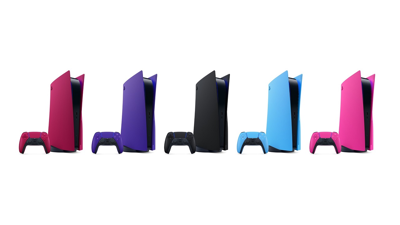 La tuta gamo de PS5-konzoloj kovras en ruĝa, purpura, nigra, blua kaj rozkolora
