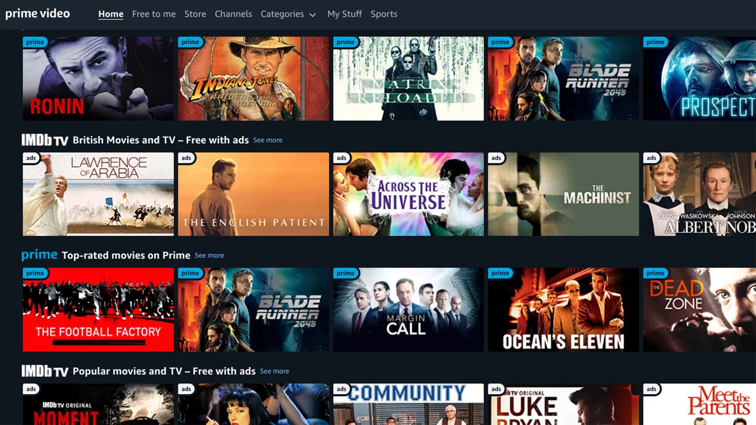 screengrab ຂອງແຖວ IMDb TV ໃນ Amazon Prime Video.