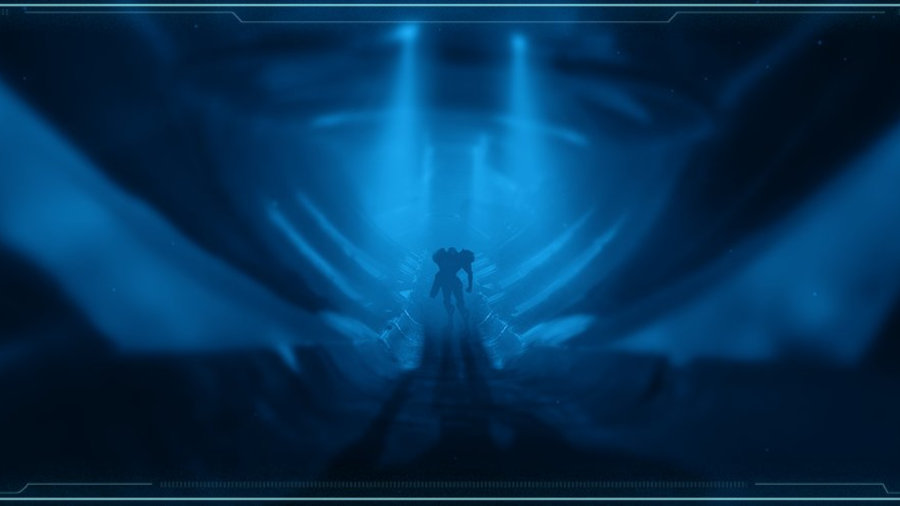 Concept art of Metroid Prime 4 showing Samus Aran in a dark ship