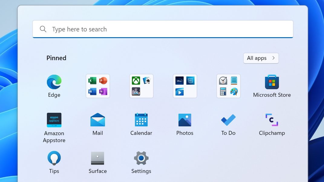 Start menu showing pinned apps organized into folders.