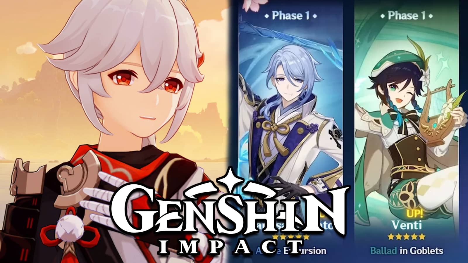 Genshin Impact Kazuha នៅជាប់នឹងផ្ទាំងបដា Venti និង Ayato Version 2.6។