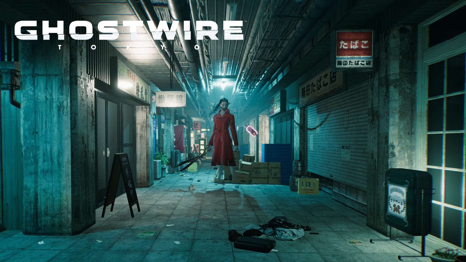 ghostwire tokyo visitor floats towards camera in red dress with mask