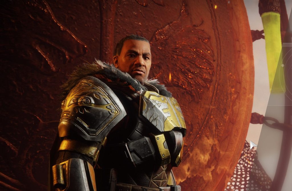 Image from Destiny 2 showing Lord Saladin standing in front of the Iron Banner sigil