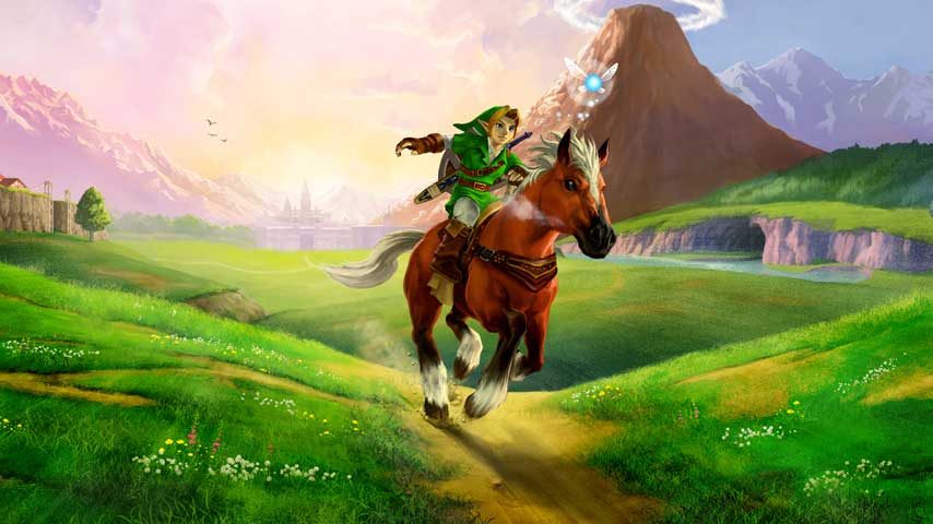 Link riding his horse across a lush green field in Zelda: Ocarina of time