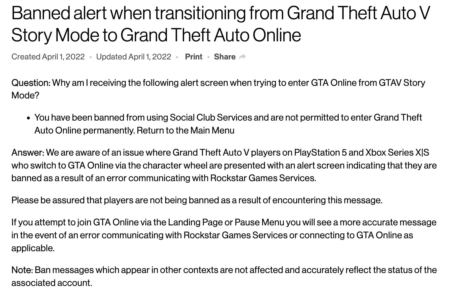 Screenshot of Rockstar Games FAQ page on GTA Online bans