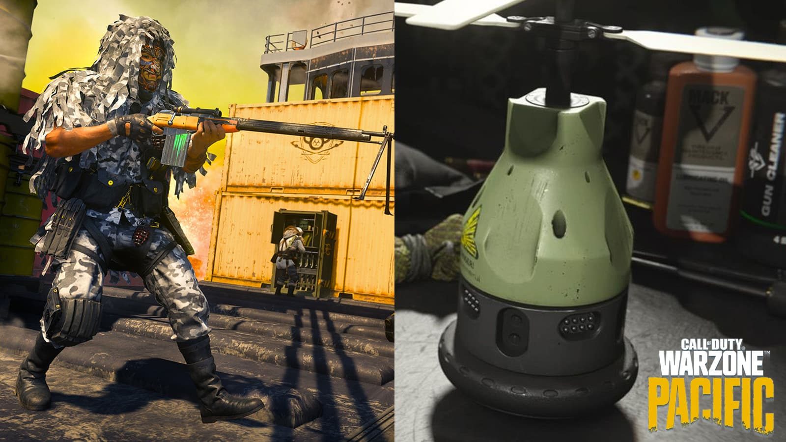 Warzone character firing next to Snapshot Grenade with logo