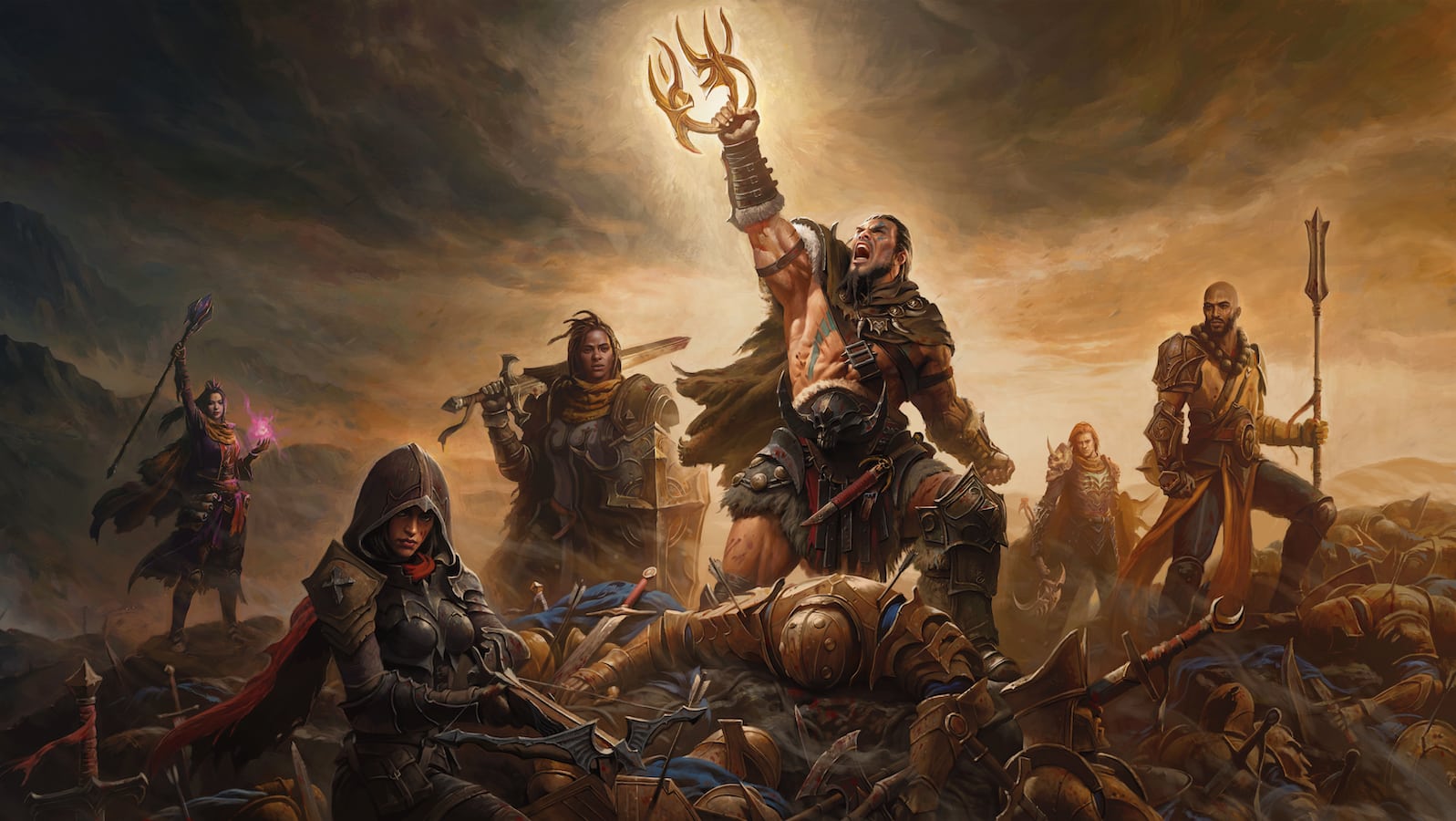 diablo immortal barbarian holds up treasure on mound of bodies as monk demon hunter necromancer crusader and wizard look on