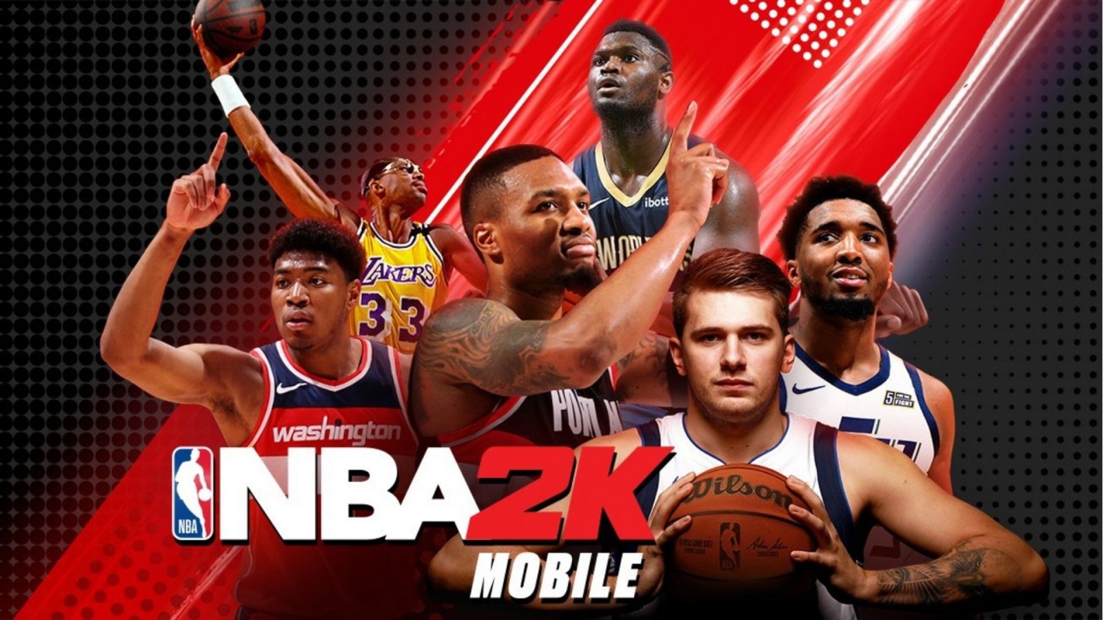 poster ar gyfer ffôn symudol nba 2k yn cynnwys chwaraewyr lluosog