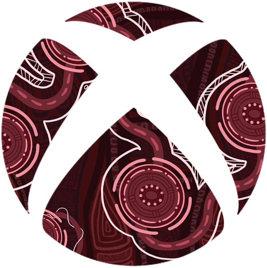 Stylized Xbox logo in the traditional Lama Lama style with circles, lines, and maroon coloring
