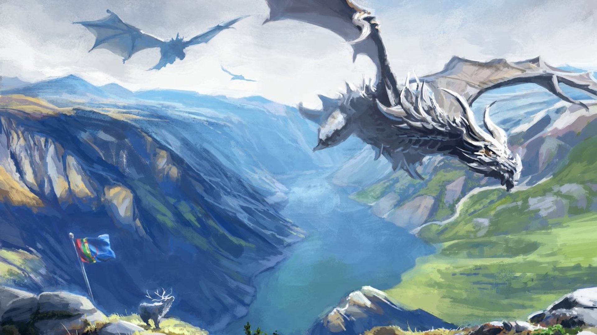Una imatge d'uns dracs d'Skyrim planant per sobre d'un barranc mentre un alce es troba al costat de la bandera sami