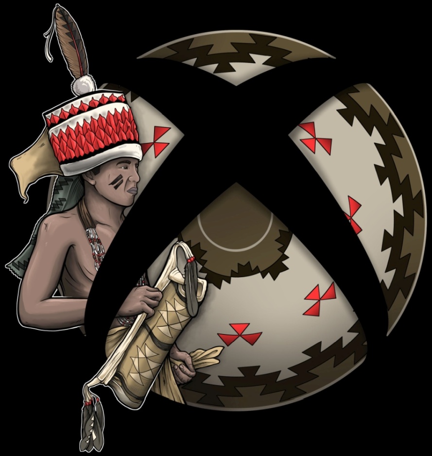 Stilisiertes Xbox-Logo in braunen Farben mit einem Mann im traditionellen Yurok-Stil