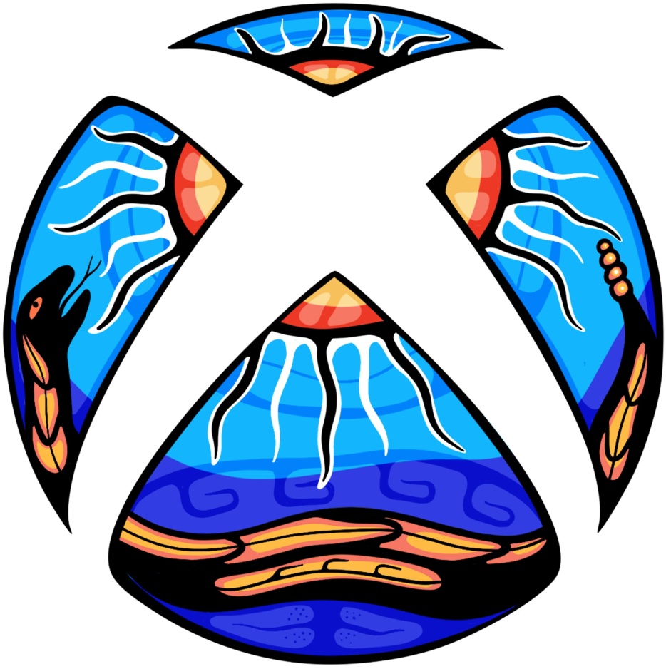 Stilisiertes Xbox-Logo mit Schlange und Sonne im traditionellen Anishinaabe-Stil