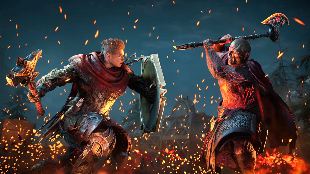Vikingská bojovníčka bojujúca so Surtrom v hre Assassin's Creed Valhalla: Dawn of Ragnarok