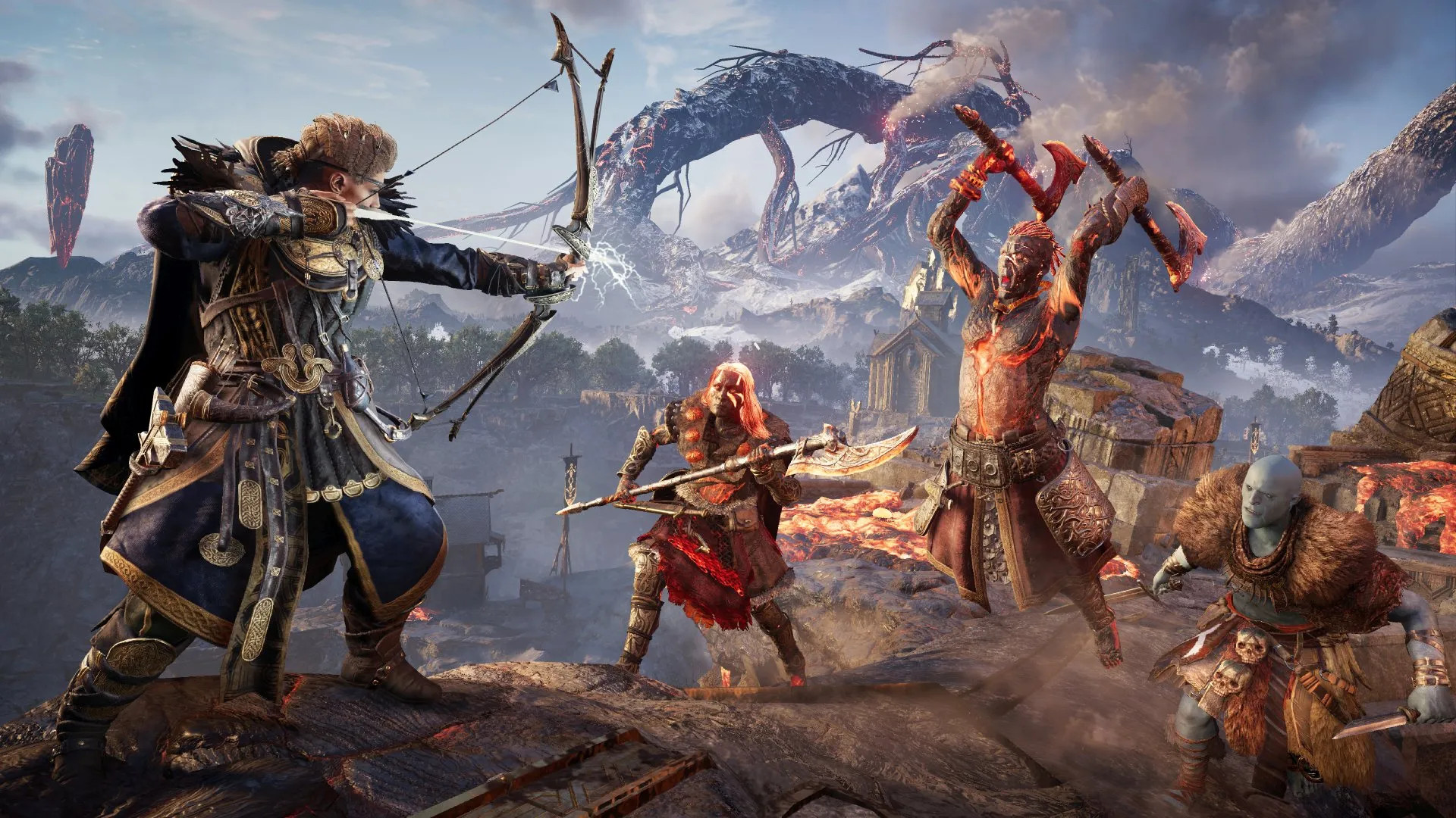 Havi bojuje s ohnivými nepriateľmi v hre Assassin's Creed Valhalla: Dawn of Ragnarok