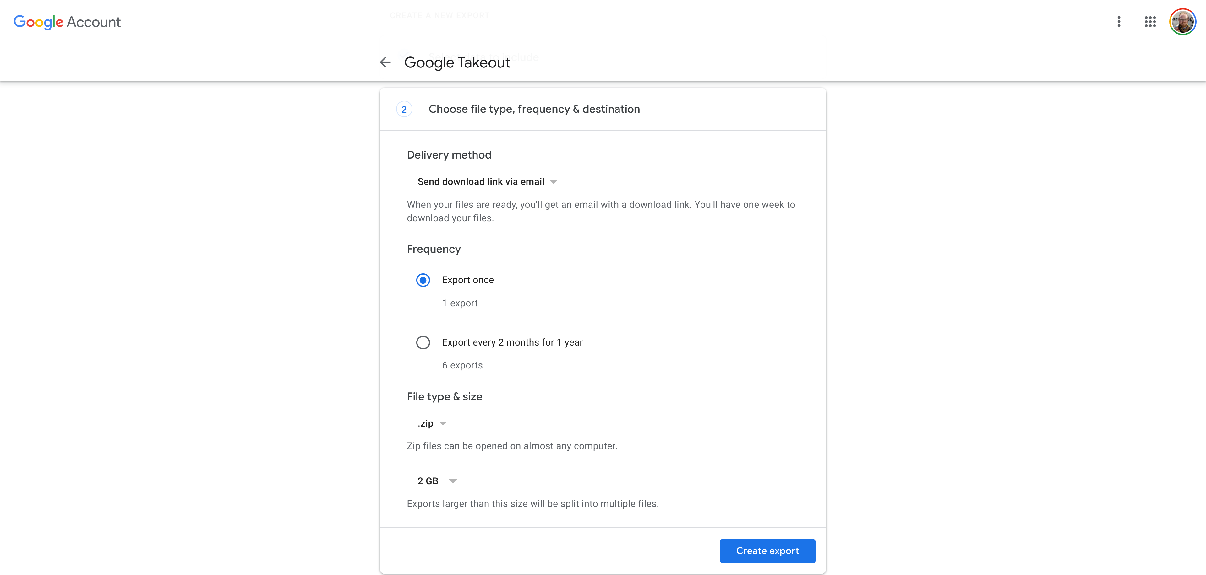 Exportar método de entrega para Google Takeout