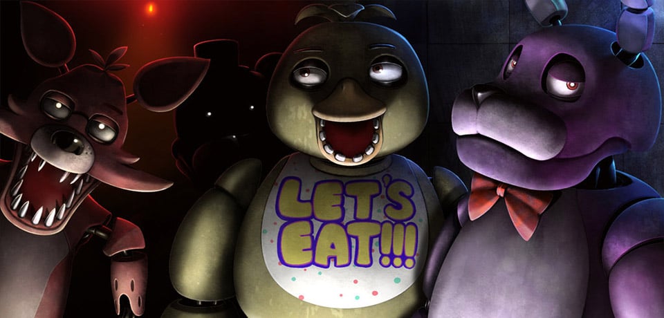 Промотивна слика за играта Five Nights at Freddy's. Сликата прикажува три механички мечки со вознемирувачки изглед кои се насмевнуваат на камерата.