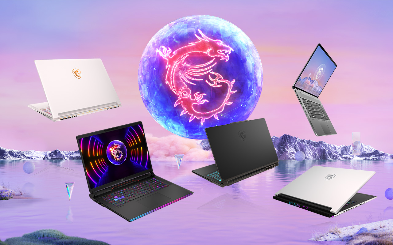 Five new MSI laptops floating over an arctic landscape with the MSI logo in the center.