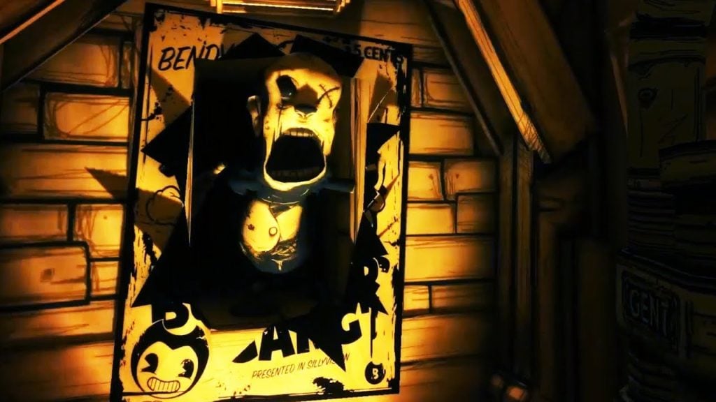 Promotional image for the game Bendy And the Ink Machine. The picture looks to be lit by a warm candle light, and the picture is of a poster of a distressed looking puppet.