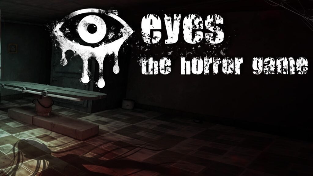 游戏“Eyes The Horror Game”的宣传图片。 图片大部分是黑色的，上面覆盖着白色的游戏标题，但在左边你可以看到一个有着稀疏长发、看起来令人毛骨悚然的女人的影子。